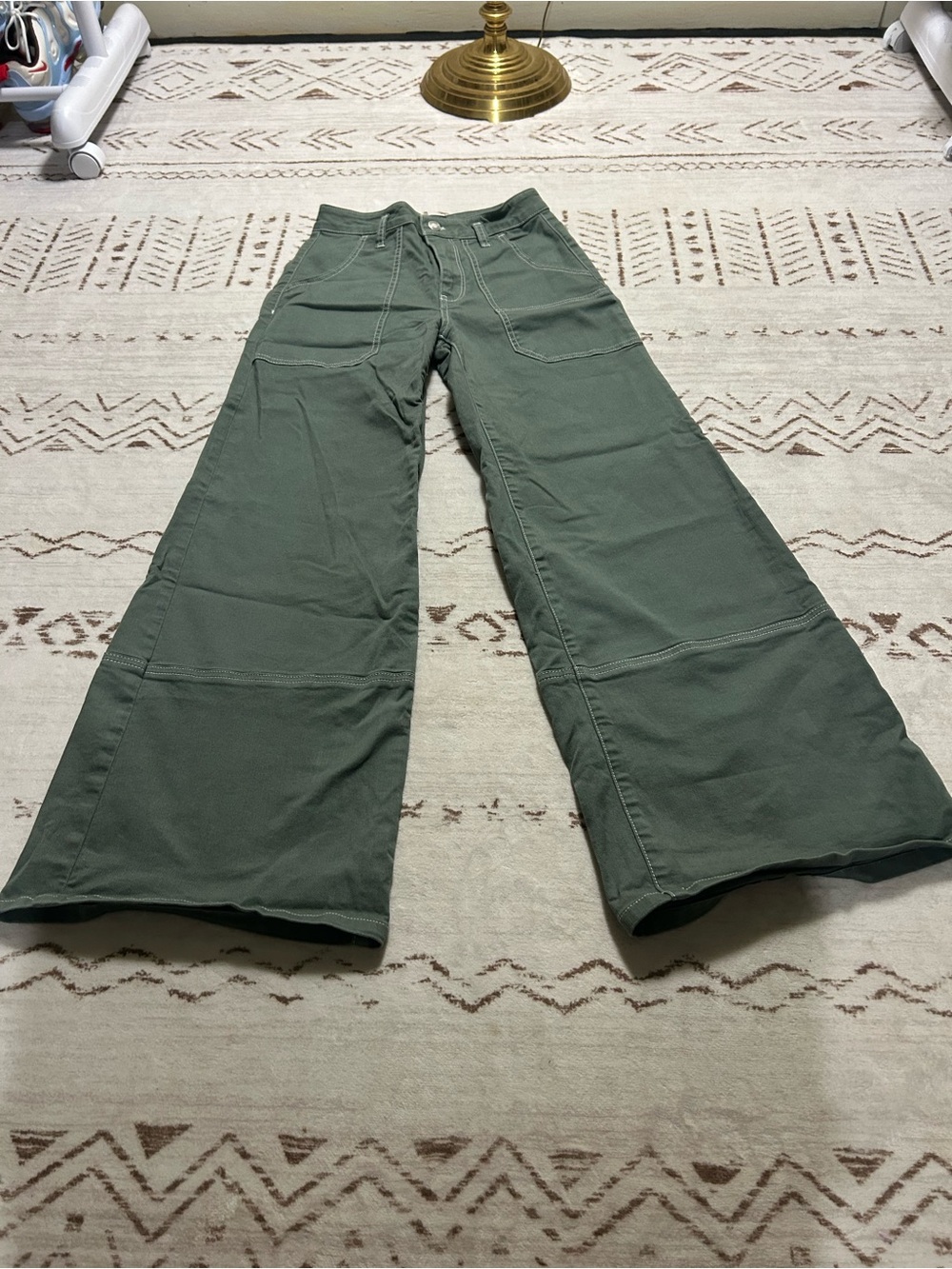 Maeve Anthropologie Olive Wide Leg Utility Carpenter Pants 25 Old Money Luxury - Picture 3 of 14